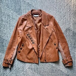 Vintage Cognac Vegan Leather Moto Biker Jacket from Europe with Rivets Y2K Retro